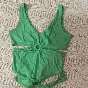 wild fable Bright Green Ribbed Cutout Bandeau Bodysuit with Ring Detail